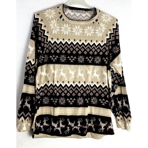 Mens Fair Isle Long Sleeve Pullover Shirt Top Cabin Fever Brown Sz:L Polyester - Picture 1 of 11